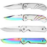 Four folding knives with metallic and rainbow handles on a white background