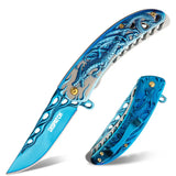 3.5“ 3D Dragon Tactical Folding Knife Flame-Skeletonized Blue Titanium EDC Pocket Knife with Liner Lock