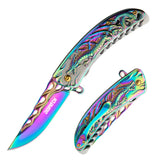 3.5“ 3D Dragon Tactical Folding Knife Flame-Skeletonized Blue Titanium EDC Pocket Knife with Liner Lock