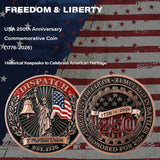 Two commemorative coins with 'Freedom & Liberty' text against an American flag background.