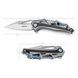 Folding knife with measurements on a white background