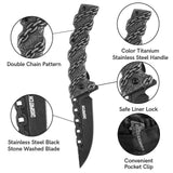 Chain-Pattern Folding Knife with Black Stonewashed Blade