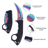 Folding Curved Pocket Knife Rainbow Titanium Hawkbill Plain Blade with Sheath and Cord
