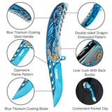 3.5“ 3D Dragon Tactical Folding Knife Flame-Skeletonized Blue Titanium EDC Pocket Knife with Liner Lock