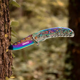 3.5“ 3D Dragon Tactical Folding Knife Flame-Skeletonized Blue Titanium EDC Pocket Knife with Liner Lock