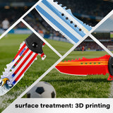 Three decorative folding knives are shown in a collage over a soccer field background, with text reading 'surface treatment: 3D printing.' The knives feature Argentina-inspired blue-and-white striping, red-and-white striping with a black handle and eagle graphic, and a bright red blade with yellow stripes.