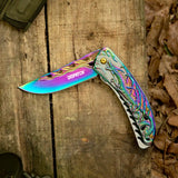 3.5“ 3D Dragon Tactical Folding Knife Flame-Skeletonized Blue Titanium EDC Pocket Knife with Liner Lock