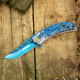 3.5“ 3D Dragon Tactical Folding Knife Flame-Skeletonized Blue Titanium EDC Pocket Knife with Liner Lock