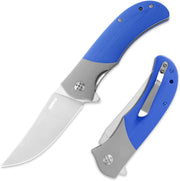 Trailing Point Blade Flipper Knife EDC with 8Cr13Mov Blade Blue G10 Handle