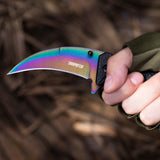 Folding Curved Pocket Knife Rainbow Titanium Hawkbill Plain Blade with Sheath and Cord