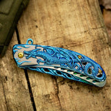 3.5“ 3D Dragon Tactical Folding Knife Flame-Skeletonized Blue Titanium EDC Pocket Knife with Liner Lock
