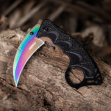 Folding Curved Pocket Knife Rainbow Titanium Hawkbill Plain Blade with Sheath and Cord