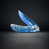 3.5“ 3D Dragon Tactical Folding Knife Flame-Skeletonized Blue Titanium EDC Pocket Knife with Liner Lock