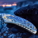 3.5“ 3D Dragon Tactical Folding Knife Flame-Skeletonized Blue Titanium EDC Pocket Knife with Liner Lock