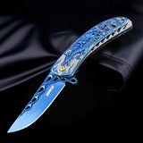 3.5“ 3D Dragon Tactical Folding Knife Flame-Skeletonized Blue Titanium EDC Pocket Knife with Liner Lock
