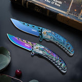 3.5“ 3D Dragon Tactical Folding Knife Flame-Skeletonized Blue Titanium EDC Pocket Knife with Liner Lock