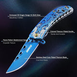 3.5“ 3D Dragon Tactical Folding Knife Flame-Skeletonized Blue Titanium EDC Pocket Knife with Liner Lock
