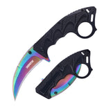 Folding Curved Pocket Knife Rainbow Titanium Hawkbill Plain Blade with Sheath and Cord