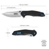 Folding knife with measurements and weight displayed on a white background