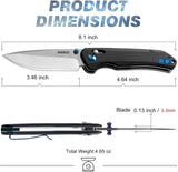 Measurement chart of a folding knife with dimensions and weight details.