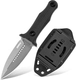Folding knife with black handle and sheath on a white background