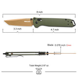 Folding knife with measurements and specifications on a white background