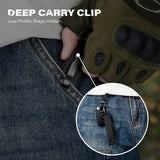 Deep carry clip being used to conceal a keychain in a pocket with text 'DEEP CARRY CLIP' and 'Low Profile, Stays Hidden.'