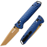 Rblack Folding knife with blue handle and brown blade S35VN blade on a white background