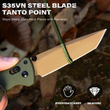 Folding knife with S35VN steel blade and tanto point held by a hand, with a natural background.