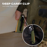 Green deep carry clip being used to secure a tool to a pocket with text 'DEEP CARRY CLIP' and 'Low Profile, Stays Hidden.'