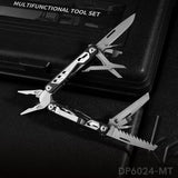 A foldable 16-in-1 multitool pliers with various implements such as pliers, knife, screwdrivers, and can opener, displayed alongside its black nylon sheath.