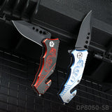 Blackened Tanto Blade Folding Knife with Dragon Patterned Aluminum Handle