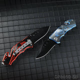 Blackened Tanto Blade Folding Knife with Dragon Patterned Aluminum Handle