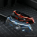 Blackened Tanto Blade Folding Knife with Dragon Patterned Aluminum Handle
