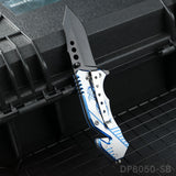 Blackened Tanto Blade Folding Knife with Dragon Patterned Aluminum Handle