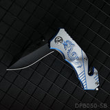 Blackened Tanto Blade Folding Knife with Dragon Patterned Aluminum Handle