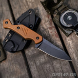 A 7.5 inch fixed blade knife with a black steel blade and brown G10 handle, accompanied by a black Kydex sheath with a universal belt clip, displayed on a wooden surface next to a compass.
