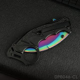 Folding Curved Pocket Knife Rainbow Titanium Hawkbill Plain Blade with Sheath and Cord