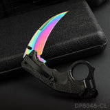 Folding Curved Pocket Knife Rainbow Titanium Hawkbill Plain Blade with Sheath and Cord