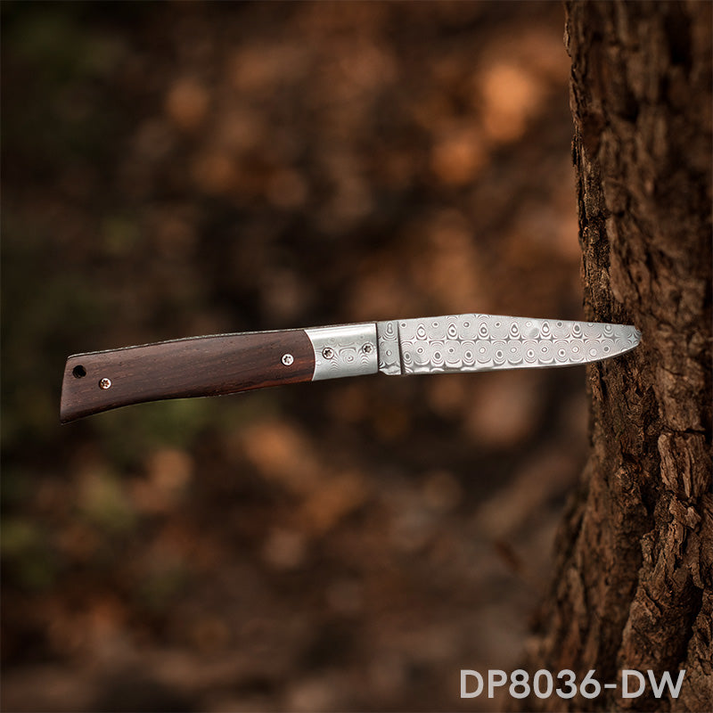 Damascus Steel Folding Pocket Knife with Dalbergia Wood Handle | EDC, Hiking & Camping